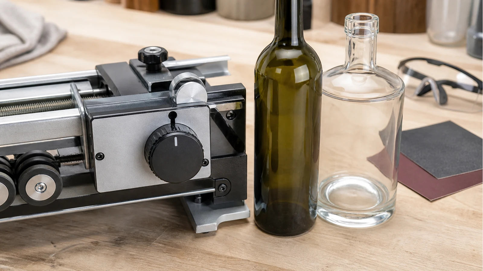 Variable speed bottle cutter concept with thin and thick glass bottles for practice