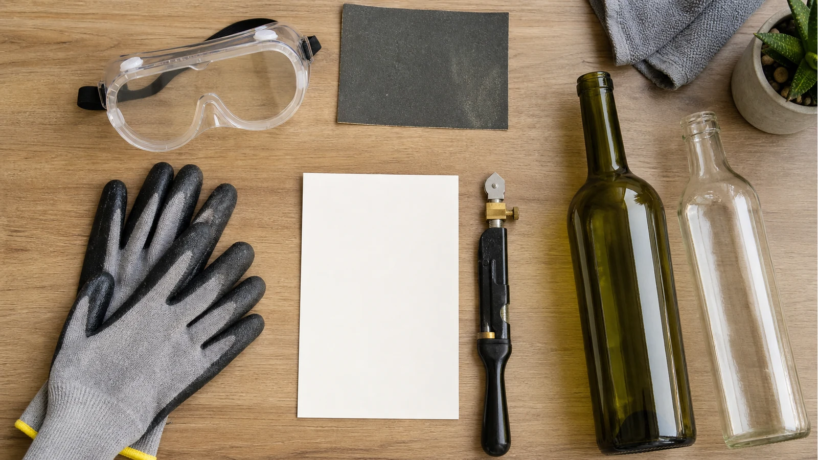 Safety goggles, gloves and sandpaper laid out for beginner glass bottle cutting