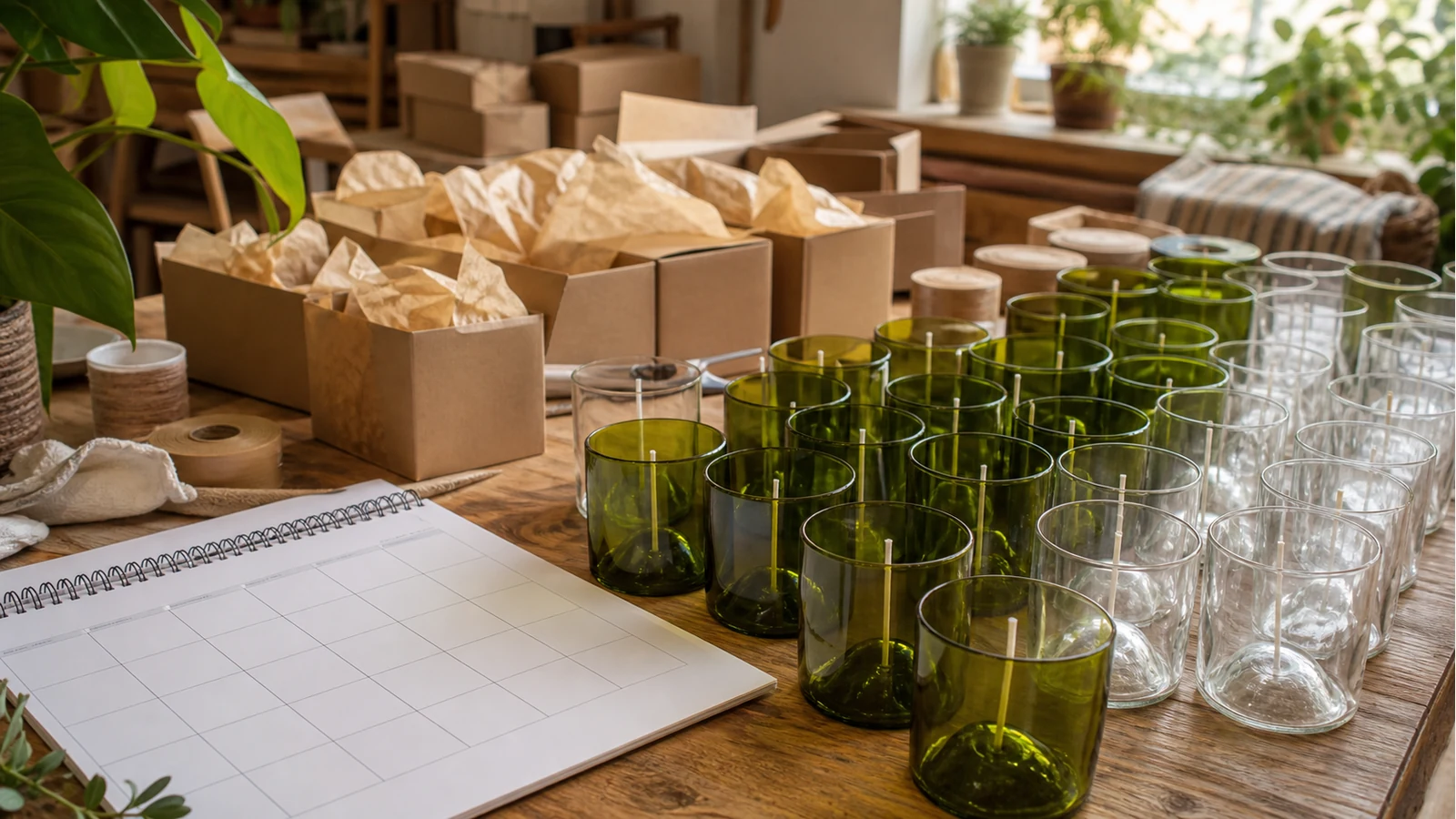 Batch of upcycled bottle candle cups prepared for a UK craft fair or Etsy orders