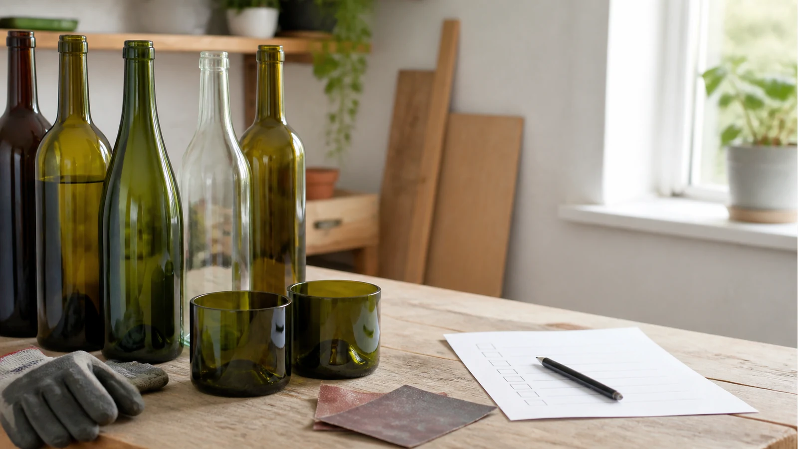 Empty wine bottles and sanded glass candle cups prepared for a UK DIY upcycling project