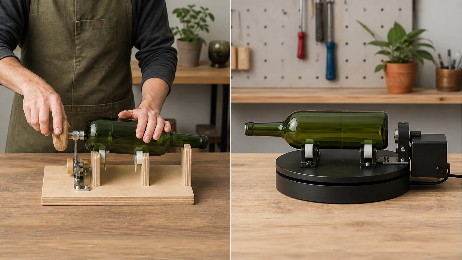 Comparison concept of manual bottle scoring versus a powered rotating bottle cutter base